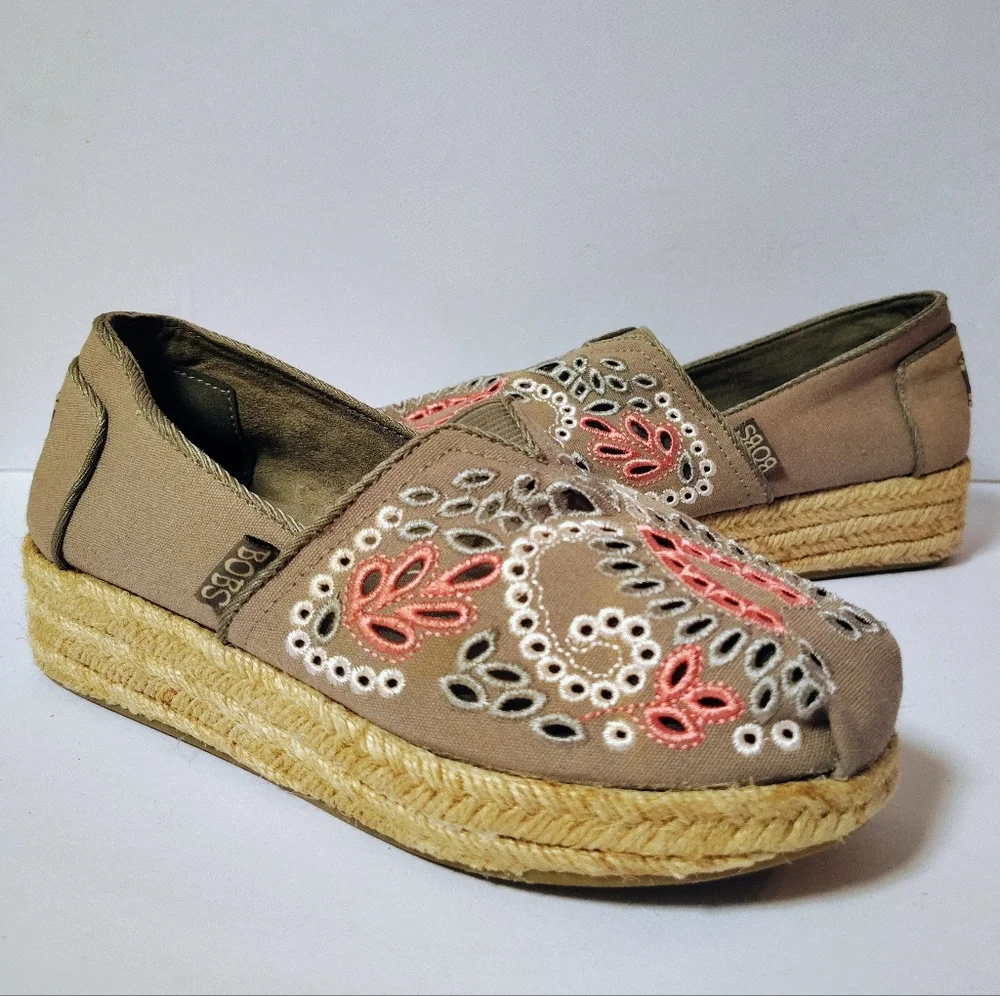 Skechers Bobs Women's Embroidered Slip-On Espadrille Canvas Arch Pillow Loafers